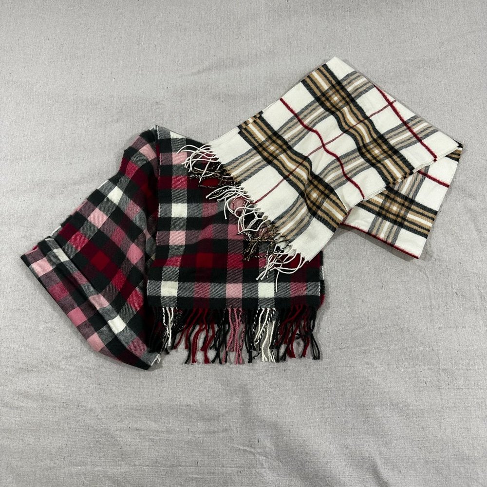 Scarf Bundle set of 2 Plaid fringe acrylic winter warm - Picture 1 of 4